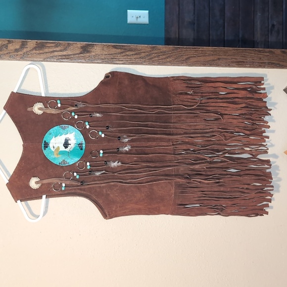 Jackets & Blazers - Brown Suede Fringe Vest with Hand Painted Eagle and Feathers